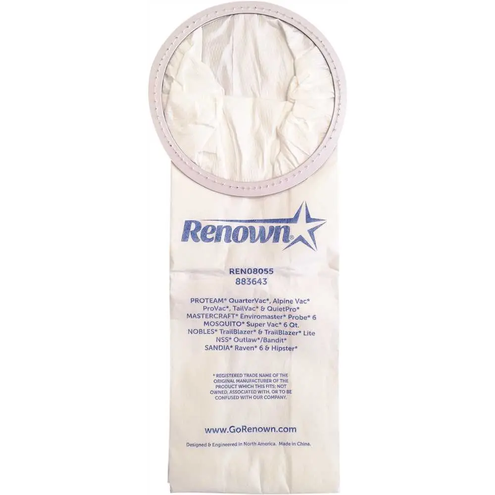 Renown Vacuum Bag for Proteam Quartervac Equivalent to OEM # 100431 White - pack of 10 REN08055