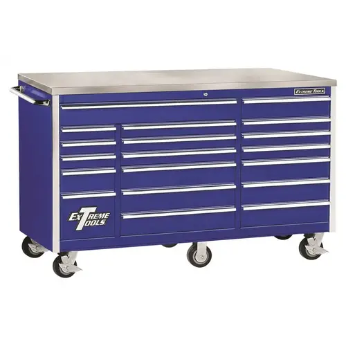 72 in. 18-Drawer Triple Bank Standard Roller Cabinet Tool Chest with Stainless Steel Work Surface in Blue 72 in. 18-Drawer Triple Bank Standard Roller Cabinet Tool Chest with Stainless Steel Work Surface in Blue