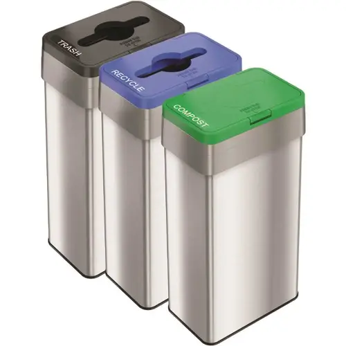 21 Gal. Stainless Steel Recycle, Compost, and Trash Bins Set with Opening Lids Silver