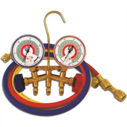 Brass 2-Valve Charging Manifold Assembly with 36 in. Standard Hoses for R-12, R-22, and R-502 Multi