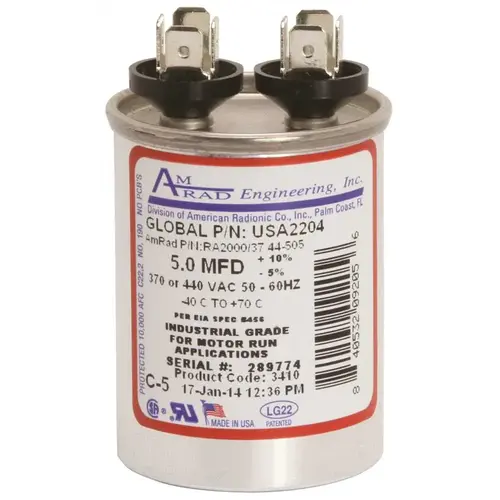 ROUND USA-MADE MOTOR RUN CAPACITOR, 5 MFD, 370/440 VAC Silver