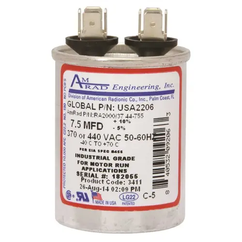 ROUND USA-MADE MOTOR RUN CAPACITOR, 7.5 MFD, 370/440 VAC Silver