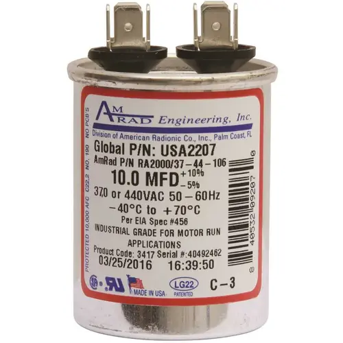 ROUND USA-MADE MOTOR RUN CAPACITOR, 10 MFD, 370/440 VAC Silver
