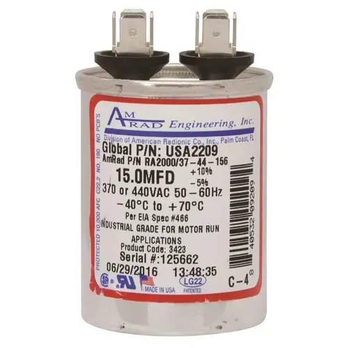 ROUND USA-MADE MOTOR RUN CAPACITOR, 15 MFD, 370/440 VAC Silver ROUND USA-MADE MOTOR RUN CAPACITOR, 15 MFD, 370/440 VAC Silver