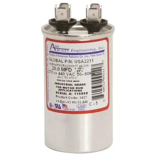 ROUND USA-MADE MOTOR RUN CAPACITOR, 20 MFD, 370/440 VAC Silver
