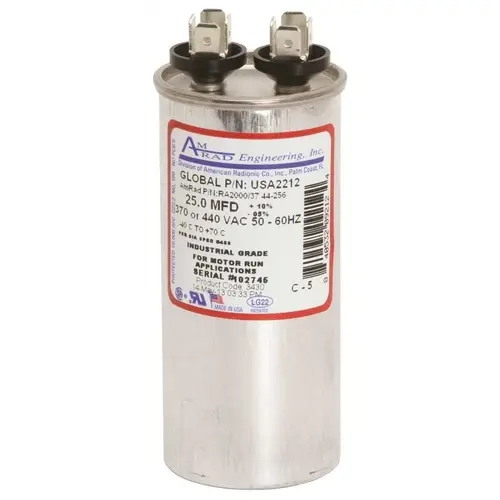 ROUND USA-MADE MOTOR RUN CAPACITOR, 25 MFD, 370/440 VAC Silver