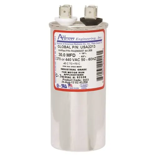 ROUND USA-MADE MOTOR RUN CAPACITOR, 30 MFD, 370/440 VAC Silver