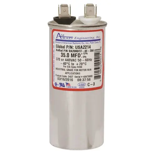 ROUND USA-MADE MOTOR RUN CAPACITOR, 35 MFD, 370/440 VAC Silver