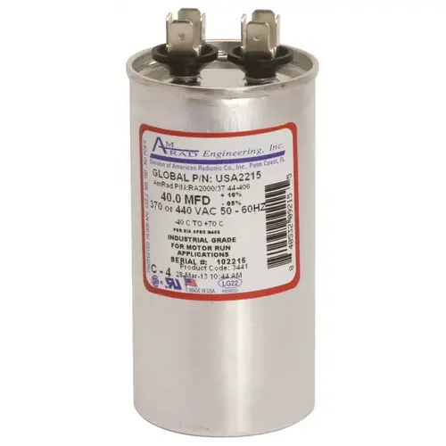ROUND USA-MADE MOTOR RUN CAPACITOR, 40 MFD, 370/440 VAC Silver