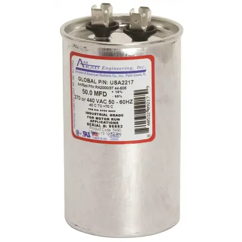 ROUND USA-MADE MOTOR RUN CAPACITOR, 50 MFD, 370/440 VAC Silver