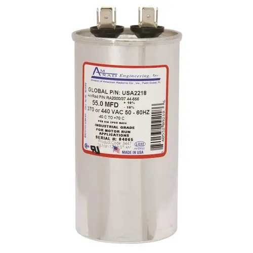 ROUND USA-MADE MOTOR RUN CAPACITOR, 55 MFD, 370/440 VAC Silver