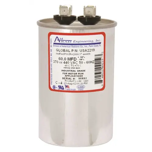 ROUND USA-MADE MOTOR RUN CAPACITOR, 60 MFD, 370/440 VAC Silver