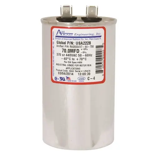 ROUND USA-MADE MOTOR RUN CAPACITOR, 70 MFD, 370/440 VAC Silver ROUND USA-MADE MOTOR RUN CAPACITOR, 70 MFD, 370/440 VAC Silver