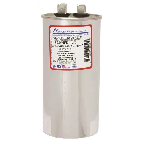 ROUND USA-MADE MOTOR RUN CAPACITOR, 80 MFD, 370/440 VAC Silver