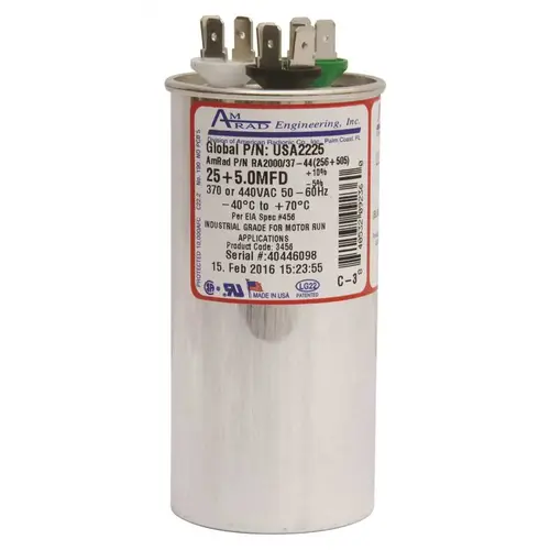 ROUND USA-MADE MOTOR RUN CAPACITOR, 25/5 MFD, 370/440 VAC Silver