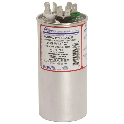 ROUND USA-MADE MOTOR RUN CAPACITOR, 35/5 MFD, 370/440 VAC Silver