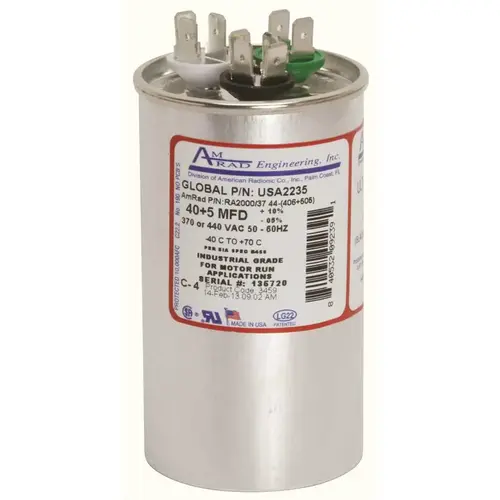 ROUND USA-MADE MOTOR RUN CAPACITOR, 40/5 MFD, 370/440 VAC Silver