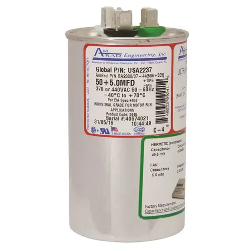 ROUND USA-MADE MOTOR RUN CAPACITOR, 50/5 MFD, 370/440 VAC Silver
