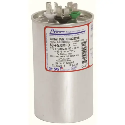 ROUND USA-MADE MOTOR RUN CAPACITOR, 60/5 MFD, 370/440 VAC Silver