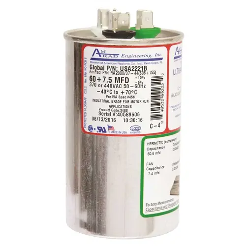 ROUND USA-MADE MOTOR RUN CAPACITOR, 60/7.5 MFD, 370/440 VAC Silver ROUND USA-MADE MOTOR RUN CAPACITOR, 60/7.5 MFD, 370/440 VAC Silver