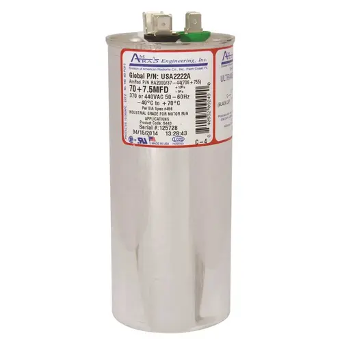 ROUND USA-MADE MOTOR RUN CAPACITOR, 60/7.5 MFD, 370/440 VAC Silver