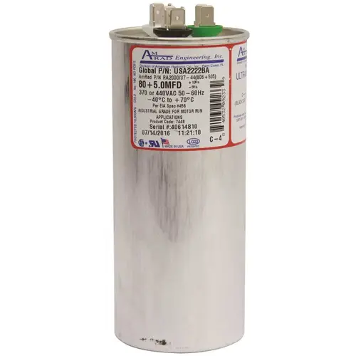 ROUND USA-MADE MOTOR RUN CAPACITOR, 80/5 MFD, 370/440 VAC Silver