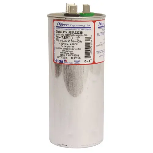 ROUND USA-MADE MOTOR RUN CAPACITOR, 80/7.5 MFD, 370/440 VAC Silver