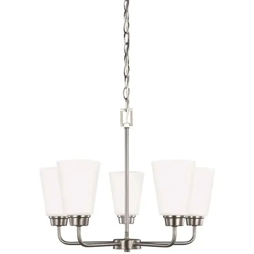 Kerrville 5-Light Brushed Nickel Traditional Transitional Single Tier Hanging Chandelier with Satin Etched Glass Shades Color/Finish Family Kerrville 5-Light Brushed Nickel Traditional Transitional Single Tier Hanging Chandelier with Satin Etched Glass Shades Color/Finish Family
