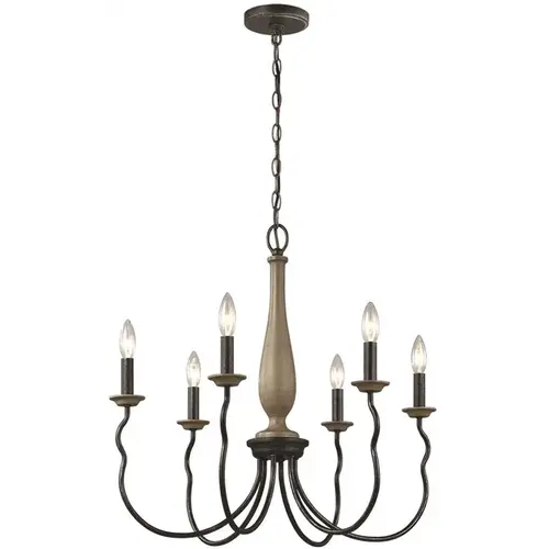Simira 6-Light Weathered Gray Classic Rustic Farmhouse Hanging Candlestick Chandelier with Distressed Oak Finish Accents Color/Finish Family Simira 6-Light Weathered Gray Classic Rustic Farmhouse Hanging Candlestick Chandelier with Distressed Oak Finish Accents Color/Finish Family