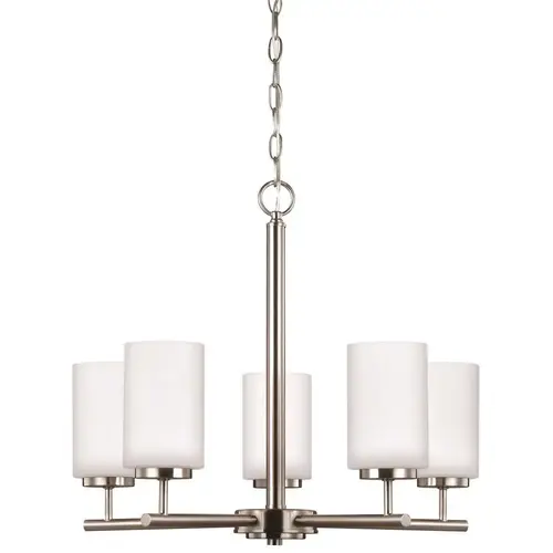 Oslo 5-Light Brushed Nickel Transitional Contemporary Hanging Chandelier with Opal Etched Glass Shades Color/Finish Family Oslo 5-Light Brushed Nickel Transitional Contemporary Hanging Chandelier with Opal Etched Glass Shades Color/Finish Family