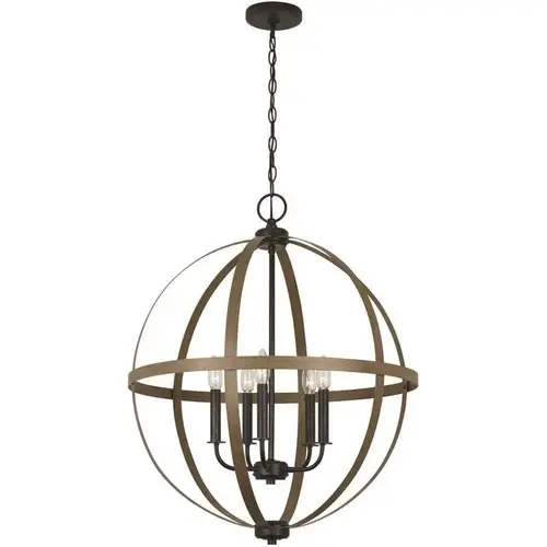 Calhoun 5-Light Weathered Gray Rustic Farmhouse Hanging Globe Candlestick Chandelier with Distressed Oak Finish Accents Color/Finish Family