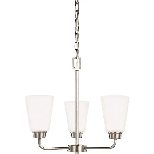 Kerrville 3-Light Brushed Nickel Traditional Transitional Single Tier Hanging Chandelier with Satin Etched Glass Shades Color/Finish Family Kerrville 3-Light Brushed Nickel Traditional Transitional Single Tier Hanging Chandelier with Satin Etched Glass Shades Color/Finish Family