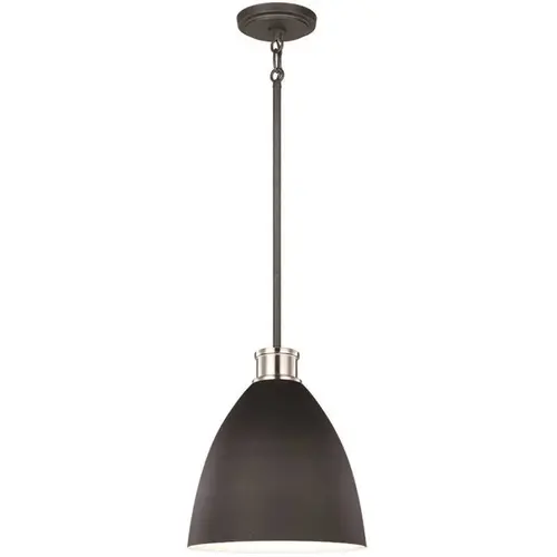 Varus 10.5 in. W 1-Light Matte Black Metal Modern Industrial Pendant with Brushed Nickel Accent and White Inner Shade Color/Finish Family
