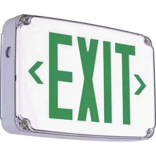 Compass 2.7-Watt White-Green Integrated LED Single-Face Exit Sign with Battery Wet Location Color/Finish Family Compass 2.7-Watt White-Green Integrated LED Single-Face Exit Sign with Battery Wet Location Color/Finish Family