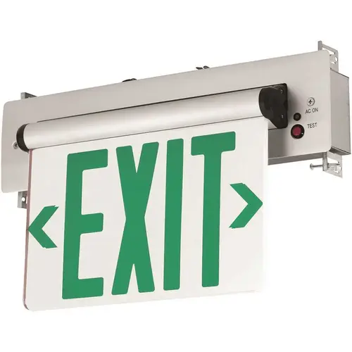 Compass 3.72-Watt Brushed Aluminum with Green Letters Double Face Integrated LED Edge-Lit Exit Sign with Battery Color/Finish Family Compass 3.72-Watt Brushed Aluminum with Green Letters Double Face Integrated LED Edge-Lit Exit Sign with Battery Color/Finish Family