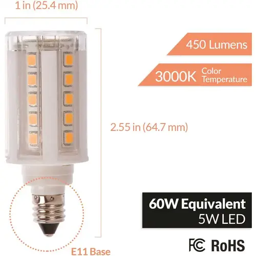 60-Watt Equivalent E11 120-Volt 3000K Non-Dimmable Mini-Candelabra Base LED Light Bulbs Warm White - pack of 4 60-Watt Equivalent E11 120-Volt 3000K Non-Dimmable Mini-Candelabra Base LED Light Bulbs Warm White - pack of 4