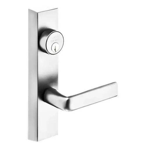 Grade 1 Exit Device Trim, Classroom Function, Freewheeling Trim, Key Outside Unlocks/Locks Trim, For Surface Vertical Rod and Mortise (8700, 8900 Series) Devices, 1-1/8 In. Mortise Cylinder, E Lever, RHR, Bright Chrome Bright Chrome Grade 1 Exit Device Trim, Classroom Function, Freewheeling Trim, Key Outside Unlocks/Locks Trim, For Surface Vertical Rod and Mortise (8700, 8900 Series) Devices, 1-1/8 In. Mortise Cylinder, E Lever, RHR, Bright Chrome Bright Chrome
