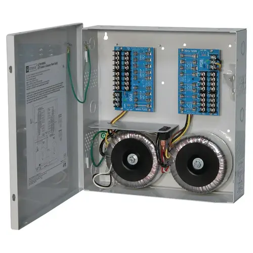 CCTV Power Supply, Input 115VAC 50/60Hz at 5.4A, 16 Fuse Protected Outputs, 24VAC at 25A or 28VAC at 20A, Grey Enclosure CCTV Power Supply, Input 115VAC 50/60Hz at 5.4A, 16 Fuse Protected Outputs, 24VAC at 25A or 28VAC at 20A, Grey Enclosure