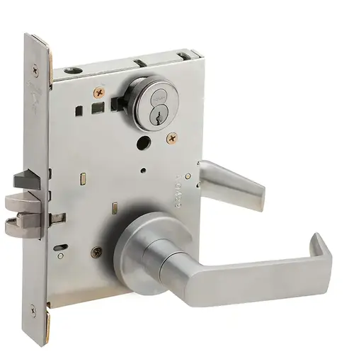 Classroom Security Mortise Lock with Large Format IC Core C Keyway with 06 Lever and A Rose with Inside Locked Unlocked Indicator Satin Chrome Finish Classroom Security Mortise Lock with Large Format IC Core C Keyway with 06 Lever and A Rose with Inside Locked Unlocked Indicator Satin Chrome Finish