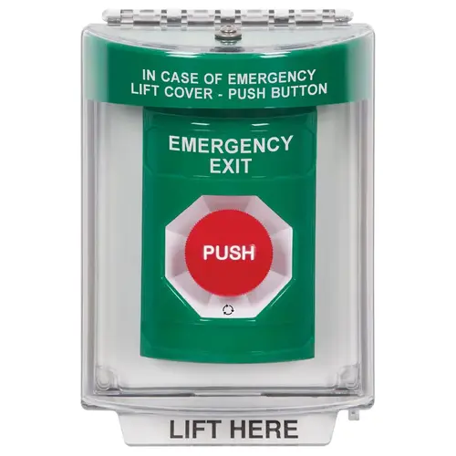Stopper Station, Green, Flush Cover, Universal Stopper, Horn, Turn-to-Reset, "EMERGENCY EXIT"English Stopper Station, Green, Flush Cover, Universal Stopper, Horn, Turn-to-Reset, "EMERGENCY EXIT"English