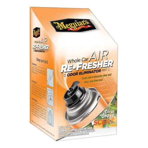 Whole Car Air Re-Fresher, 2.5 oz Aerosol Can, Clear, Liquid, Citrus Grove