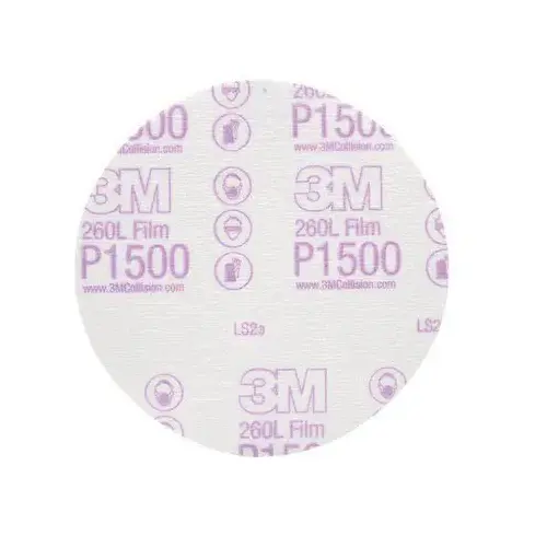 00950 260L Finishing Film Disc, 6 in Dia, 1500 Grit, Ultra Fine Grade, Aluminum Oxide Abrasive, White, Dry 00950 260L Finishing Film Disc, 6 in Dia, 1500 Grit, Ultra Fine Grade, Aluminum Oxide Abrasive, White, Dry