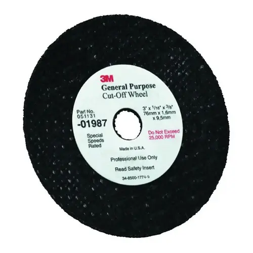 Cut-Off Wheel, 3 in Dia x 1/32 in THK Wheel, 3/8 in Center Hole, Aluminum Oxide Abrasive Black Cut-Off Wheel, 3 in Dia x 1/32 in THK Wheel, 3/8 in Center Hole, Aluminum Oxide Abrasive Black