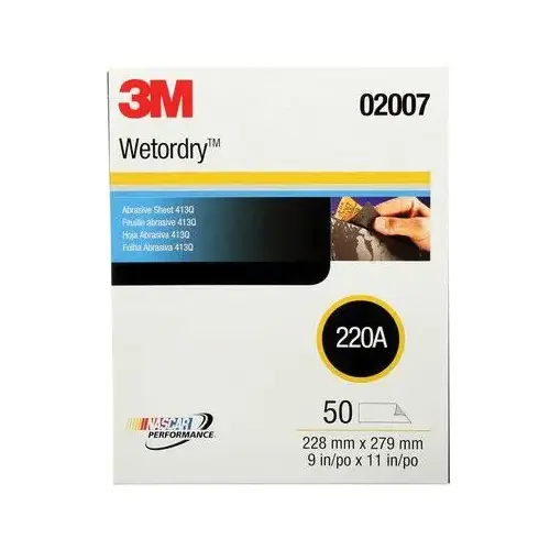 0 413Q Series Abrasive Sheet, 9 in W x 11 in L, 220 Grit, Medium Grade, Black - pack of 50