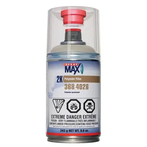 2K Polyester Filler, 8.6 oz Aerosol Can, Light Gray, 2.7 sq-ft/gal Coverage 2K Polyester Filler, 8.6 oz Aerosol Can, Light Gray, 2.7 sq-ft/gal Coverage
