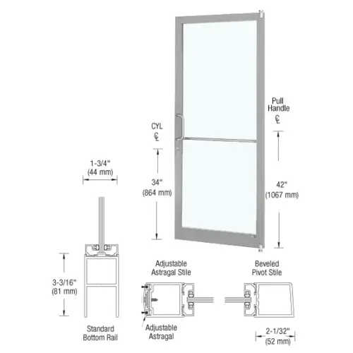 Clear Anodized 250 Series Narrow Stile Active Leaf of Pair 3'0 x 7'0 Offset Hung with Pivots for Surf Mount Closer Complete Door Std. MS Lock & Bottom Rail Clear Anodized 250 Series Narrow Stile Active Leaf of Pair 3'0 x 7'0 Offset Hung with Pivots for Surf Mount Closer Complete Door Std. MS Lock & Bottom Rail