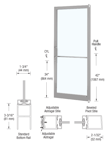 CRL-U.S. Aluminum DC22211LA36 Clear Anodized 250 Series Narrow Stile Active Leaf of Pair 3'0 x 7'0 Offset Hung with Pivots for Surf Mount Closer Complete Door Std. MS Lock & Bottom Rail