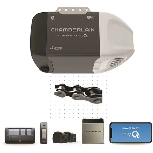 Garage Door Opener, Battery, Chain Drive, OS: myQ and Security+ 2.0, Gray