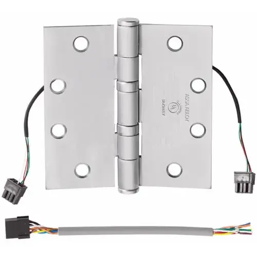 Quick Connect Electrified (QC) 8 Wire Hinge, 5-Knuckle Hinge, Standard Weight, Full Mortise, Oil Impregnated Bearing (TA), 4.5" x 4.5" (4545), Steel Base, Satin Chrome US26D/652 Quick Connect Electrified (QC) 8 Wire Hinge, 5-Knuckle Hinge, Standard Weight, Full Mortise, Oil Impregnated Bearing (TA), 4.5" x 4.5" (4545), Steel Base, Satin Chrome US26D/652