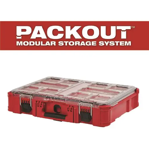 Organizer, 75 lb Capacity, 19.76 in L, 15 in W, 4.61 in H, 10-Compartment, Plastic, Red